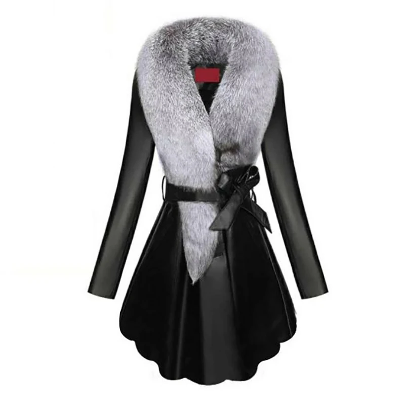 Black Женская куртка из искусственной кожи, большие размеры, S-8XL, роскошная куртка с поясом, длинное пальто с меховым воротником, черная куртка из искусственной кожи, женская верхняя одежда, уличная одежда - Цвет: Black