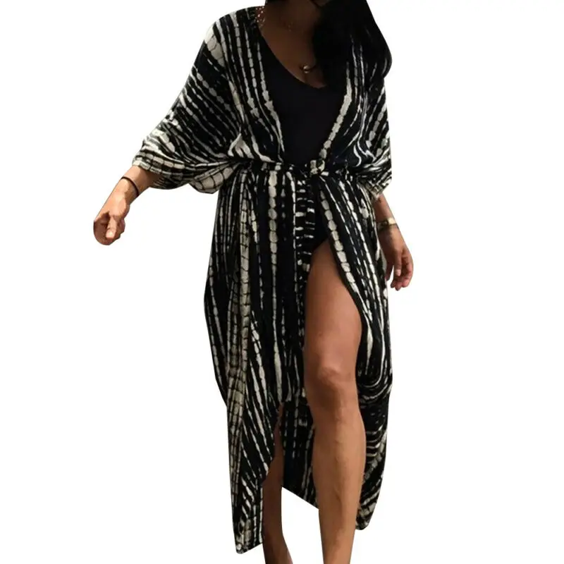Womens Tie Dye Striped Half Sleeve Lace Up Cardigan Beach Baggy Sunscreen Robe