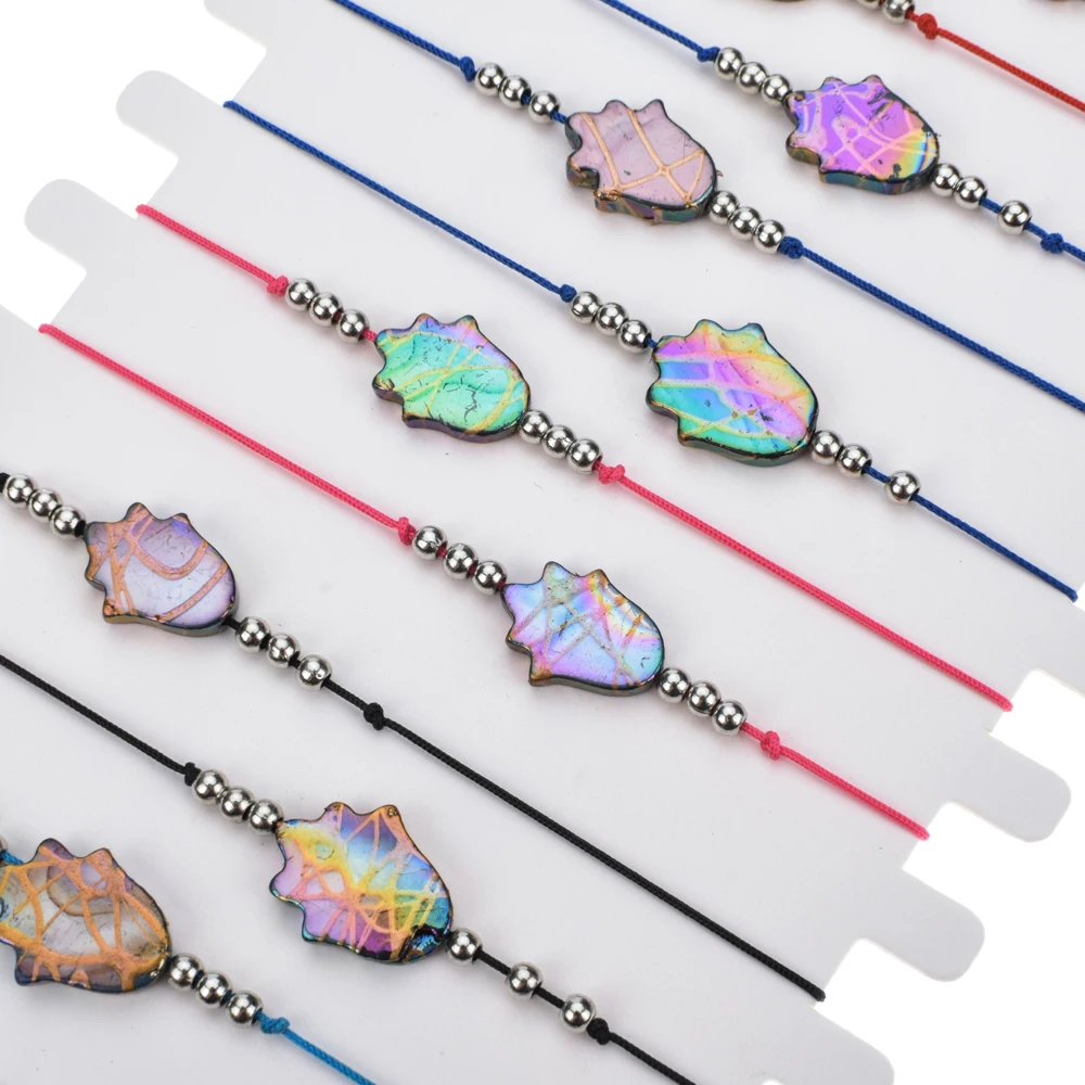 12 pcs/set Hematite Stone Hamsa Hand Charm Bracelets Women Adjustable Rope Triangle Braided Bracelet Wristband Jewelry Fashion | Украшения