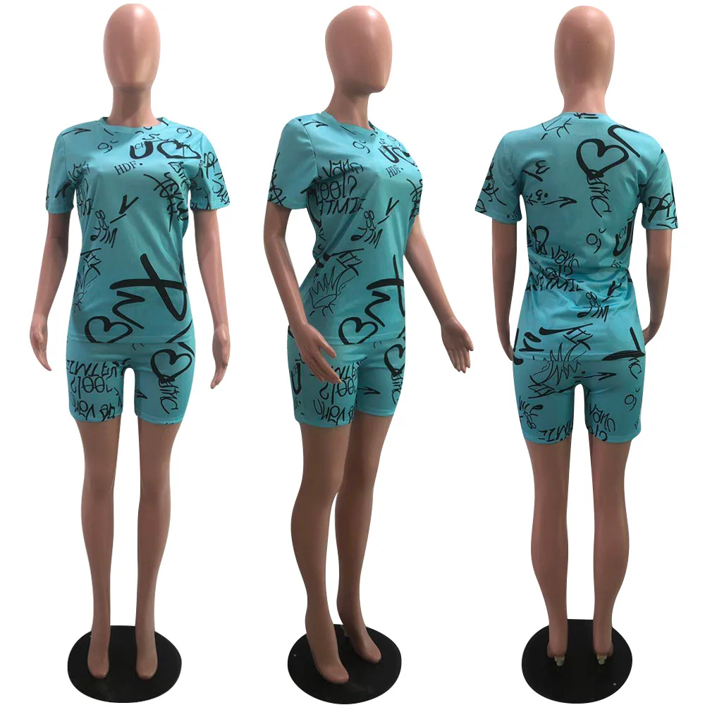 

New casual letter printed women's sports suit fashion loose O-neck short-sleeved T-shirt and shorts two-piece suit