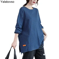 womens casual t shirt with holes 2021 autumn new arrivals fashionable stripe o neck tees and tops female long sleeves pullovers