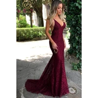 walk beside you mermaid burgundy long prom dresses deep v neck sexy backless spaghetti straps lace formal evening dresses