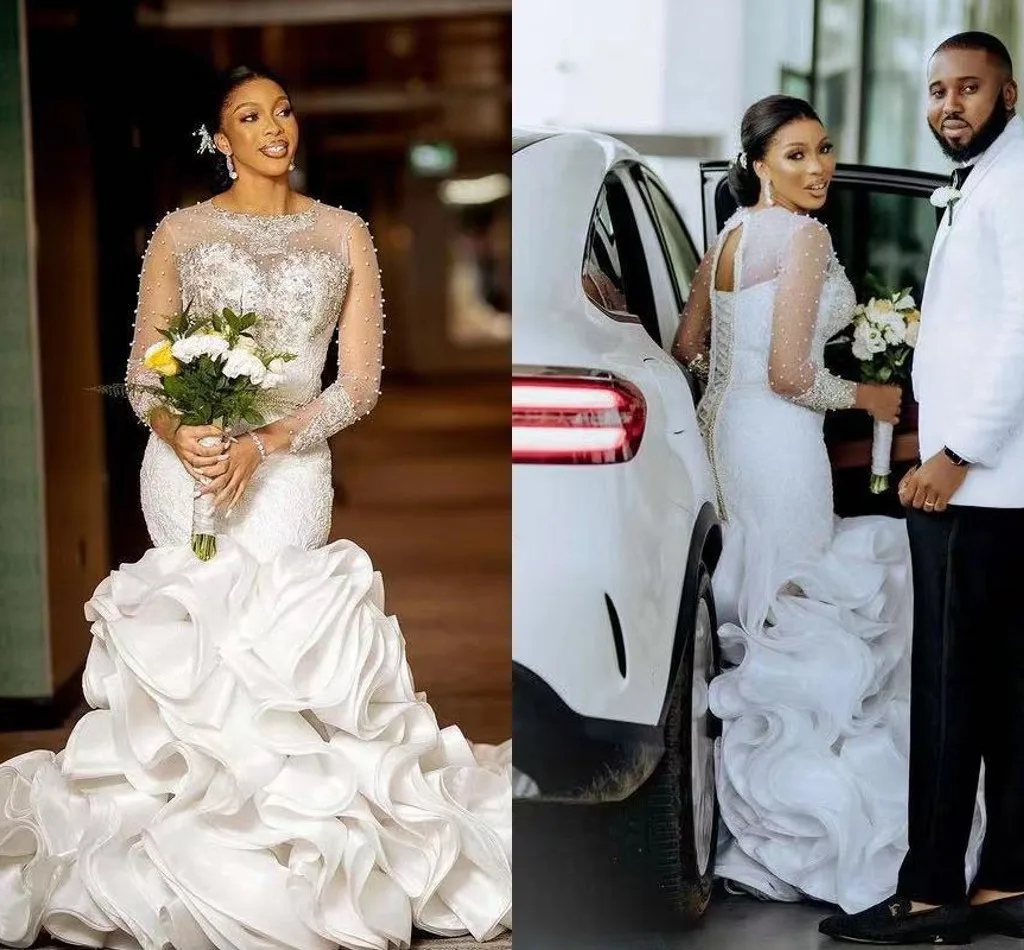 

Ruffles Tieres Mermaid Wedding Dresses Jewel Neck Full Sleeve Pearls Vestido De Noiva Lace Up Back aso ebi african bridal gown