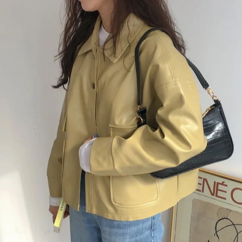 

2021 Spring And Autumn Faux Leather Vintage Jacket For Women Loog Sleeve Pocket Single Breasket Loose Y2k Short Pu Coat Female