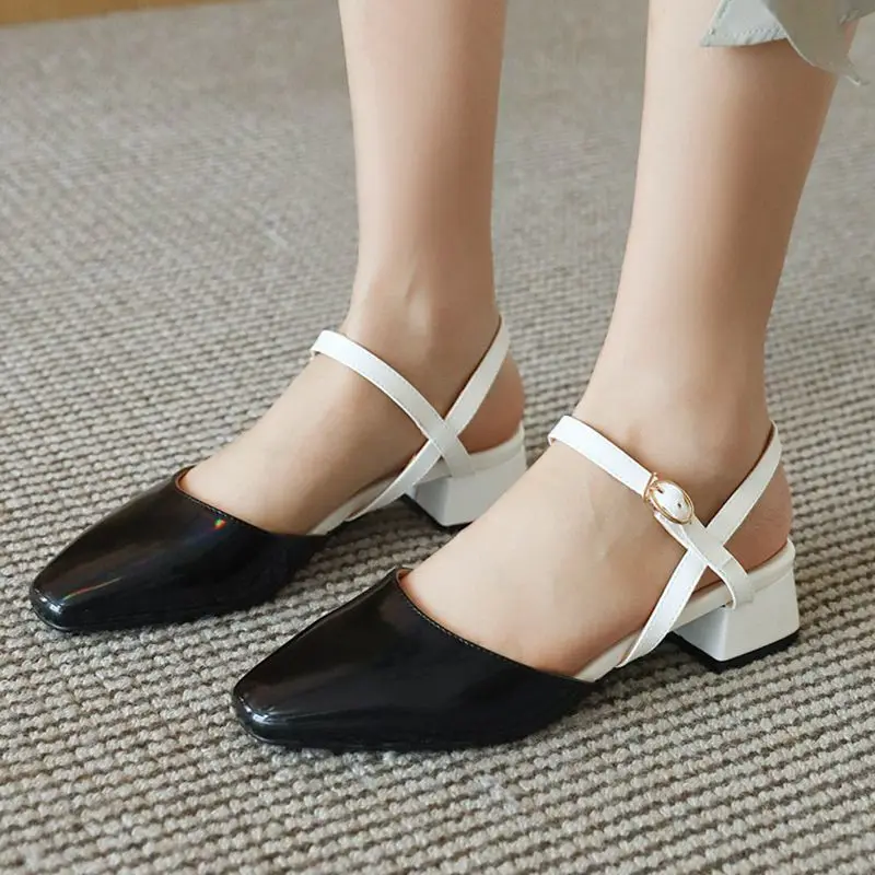 

AGODOR Women Patent Leather Slingback Pumps Fashion Women Mid Chunky Heel Pumps Women Shoes Multicolor Pumps Big Size 32-48