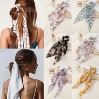 fashion floral print bow satin long ribbon ponytail scarf hair tie scrunchies women girls elastic hair bands hair accessories