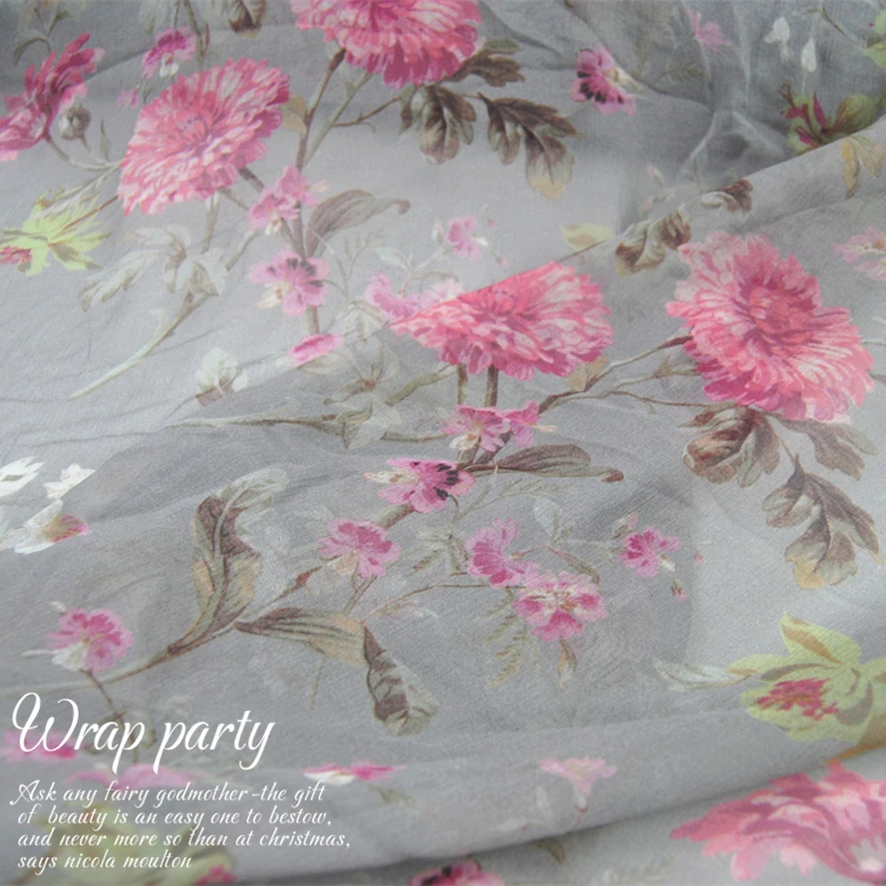 

Silk Georgette Chiffon Fabric Dress 8 momme Large Wide Light Gray Flower Skirt Shirt DIY Patchwork Tissue