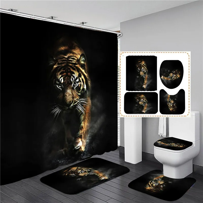 Animals Tiger Lion Shower Curtain Set with Rugs Waterproof Curtain Bathing Screen Anti-slip Toilet Lid Cover Rugs Bathroom Decor