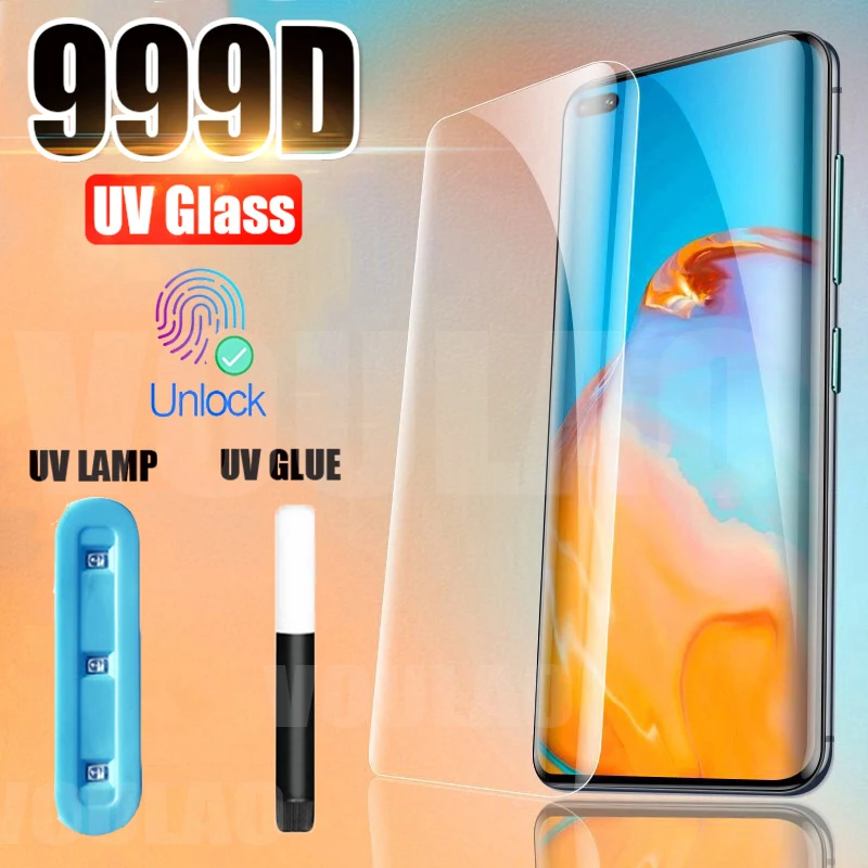 УФ закаленное стекло для Huawei P30 Pro P20 P40 Lite Полное клеевое Защитное экрана Mate 20 30