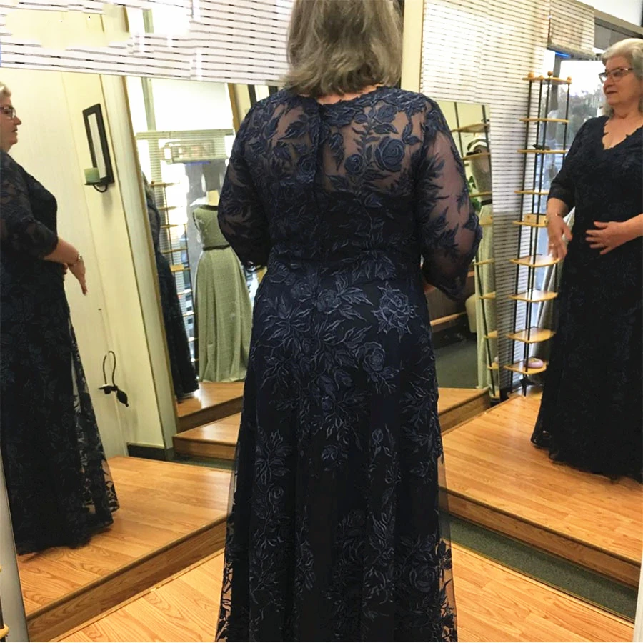 

Dark Navy Lace Mother of the Bride Dress Plus Size Long Sleeve Wedding Party Evening Gown Morther of Groom Formal Occasion