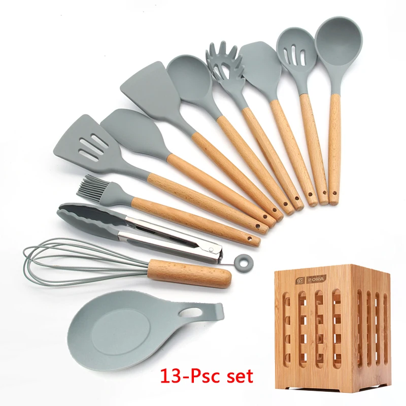 13-Pcs kitchen set 11-13 шт Силиконовая кухонная утварь набор кухонной утвари антипригарный шпатель Премиум деревянная ручка с ящиком для хранения кухонные инструменты - Цвет: 13-Pcs kitchen set