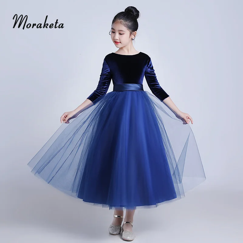 Бальное платье принцессы темно синие платья с цветочным узором для девочек 2019 г.