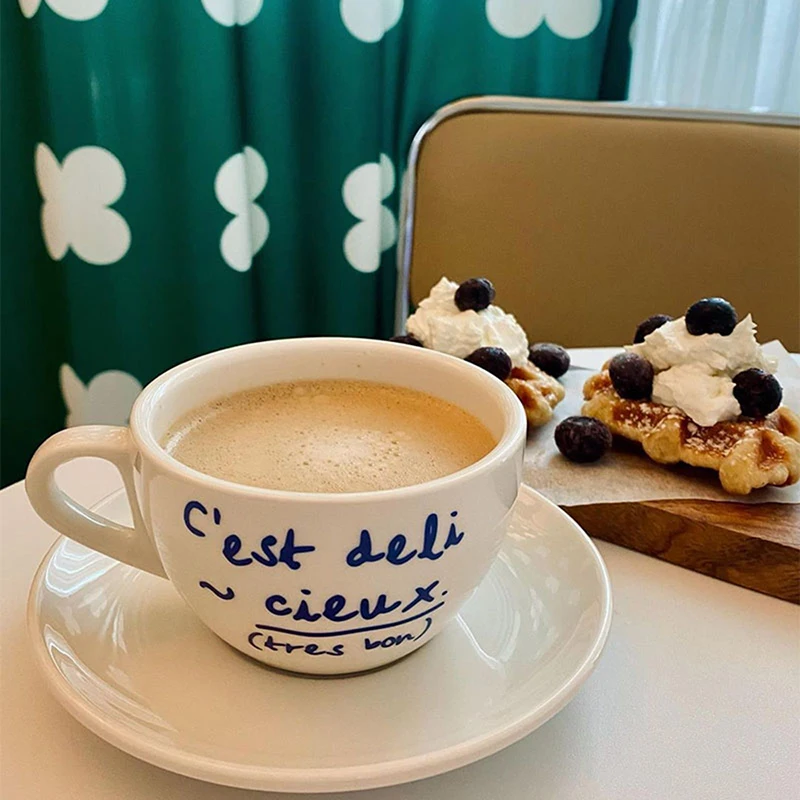 

Ins Cute Korean Coffee Cups And Saucer Set Simple Letter Ceramic Mugs Creative Retro Office Tea Milk Water Ice Cream Cup Gift