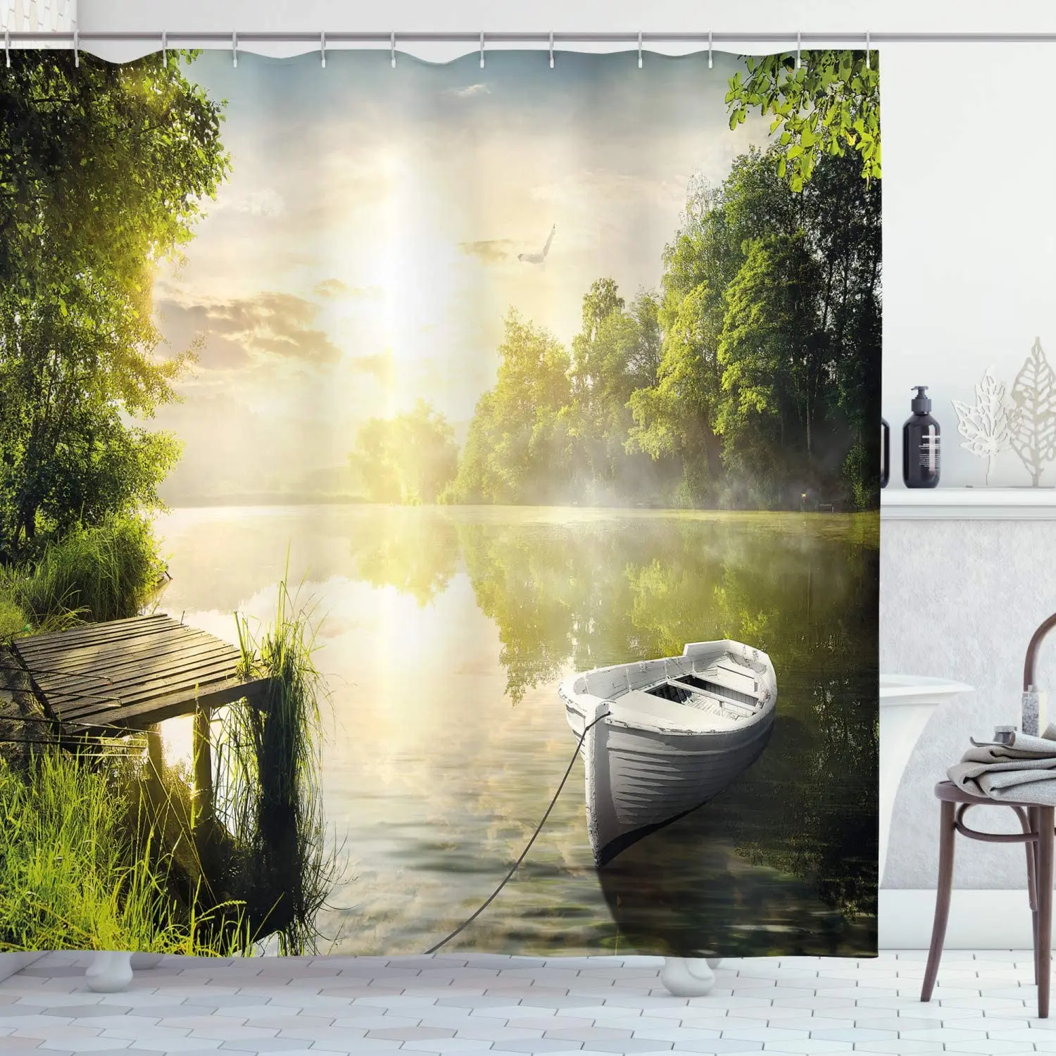 

Nature Shower Curtains Boat by The Foggy Lake Deck Dreamy Forest in The Morning Country Style Image Fabric Bathroom Decor Set