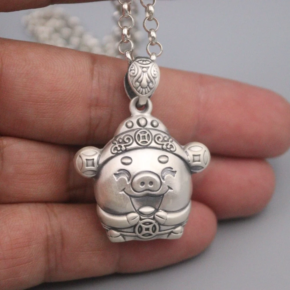 

Pure 925 Sterling Silver Bless Lucky Coin Happy Fortune Pig Pendant For Men Women Gift 38*29mm