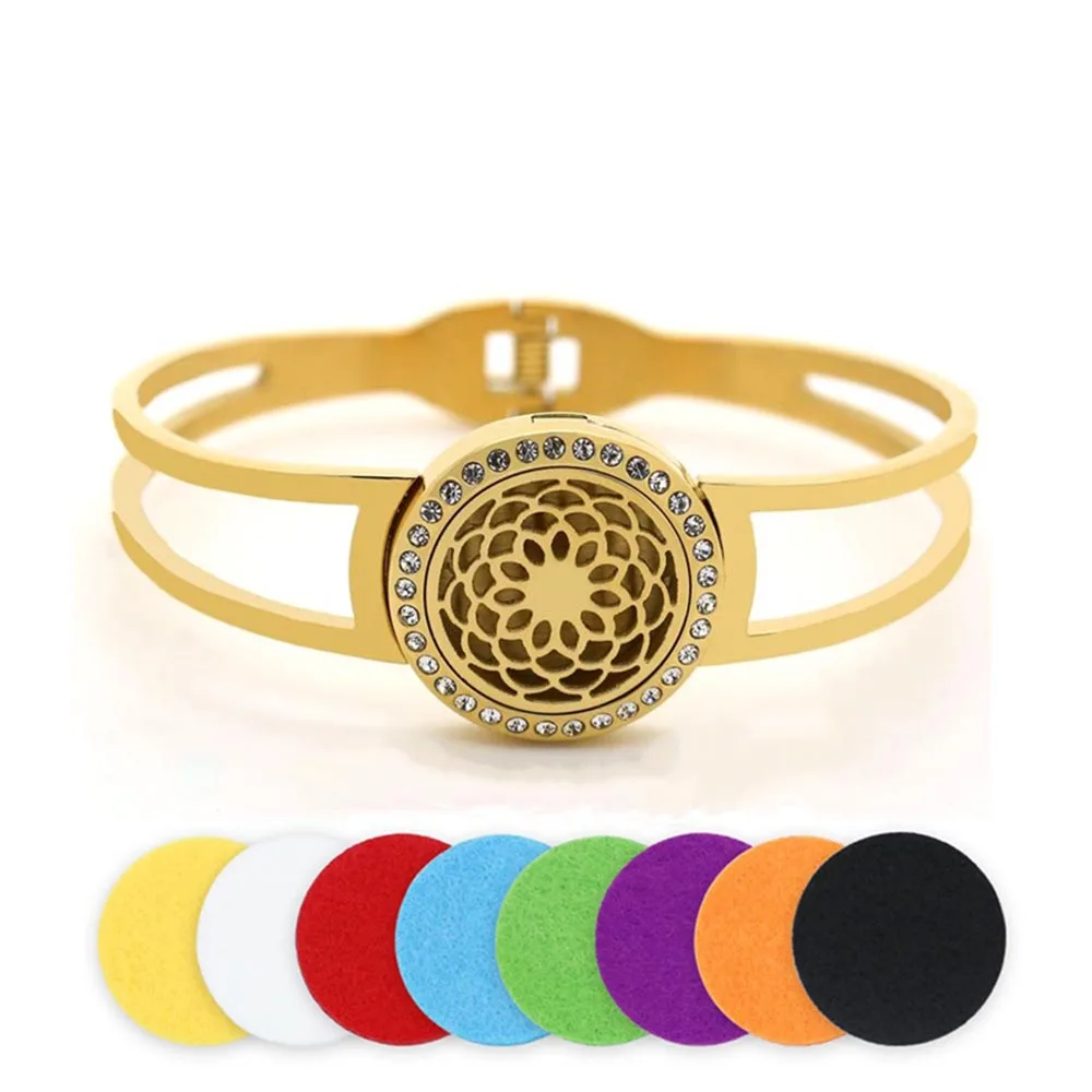 

BOFEE Aromatherapy Essential Oil Diffuser Bracelet Aroma Perfume Fresheners Gold Stainless Steel Locket Bangle Jewelry Gift 25mm