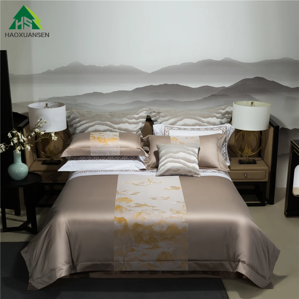 

Wanli Mountain And River Bedding Sets Jacquard Bed Linens Duvet Cover Pillowcase Bedsheet Beige Gold Comforter Quilt Bedroom