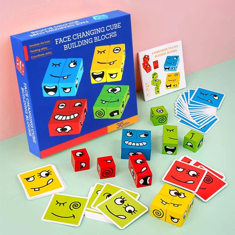 

Wooden Expression Puzzles Building Block Magic Face Changing Cube Montessori Toy
