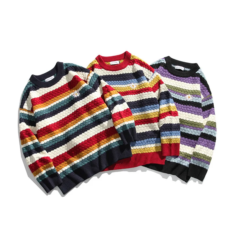 

Couple Knitted Rainbow Stripes Embroidery Daisy Flower Sweaters Streetwear Men Women Fashion Casual Pullovers Knitwear Tops Male