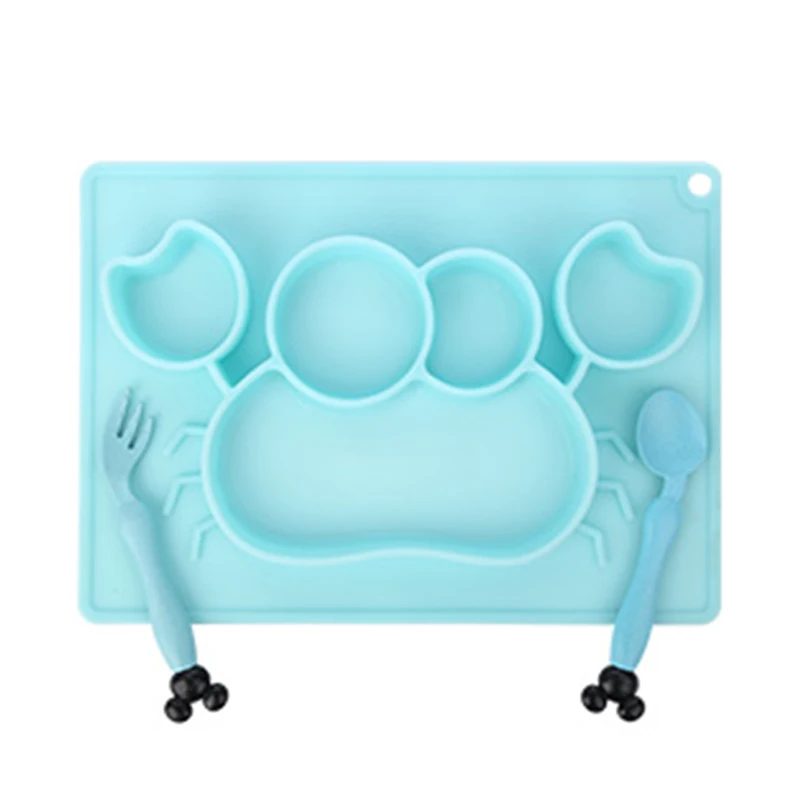 Crab Blue 3 шт. детская силиконовая обеденная тарелка, ложка, набор для кормления детей, вилка Кита, посуда против падения, мультяшная миска для малышей, краб, детская посуда - Цвет: Crab Blue