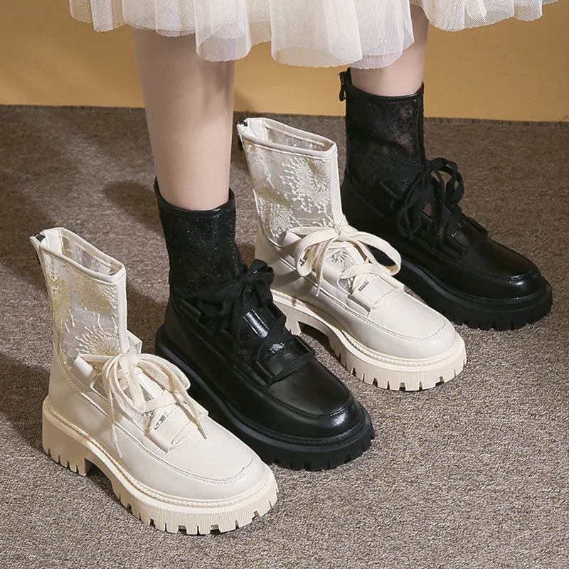 

Autumn Boots For Women Lace Embroidery Breathable Ankle Shoes 2021 Non-slip Chunky Heels Ladies Short Booties Fashion