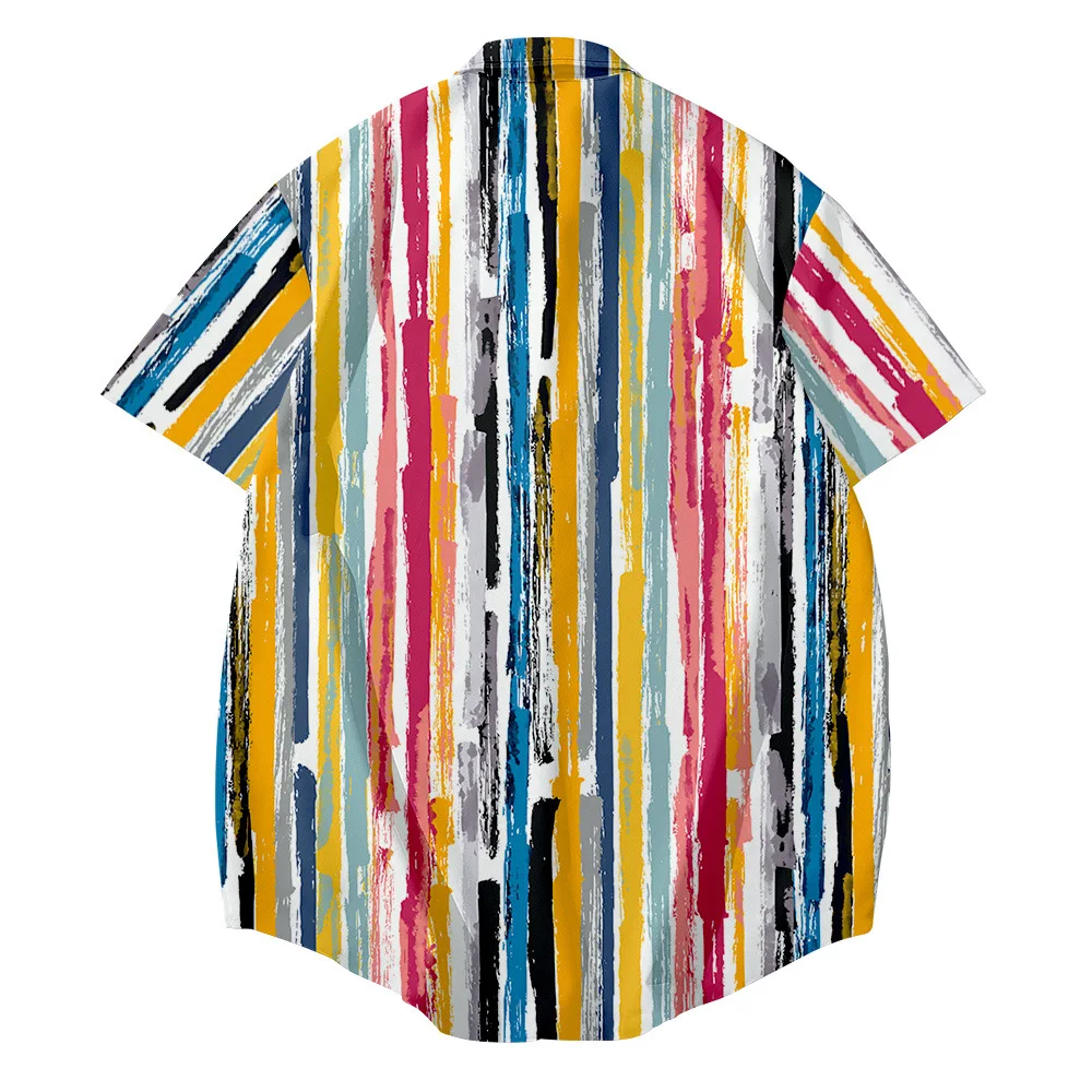 

New Summer Hawaiian Striped Print Shirt Men Beach Casual Holiday Short Sleeve Turn-down-collar Shirt