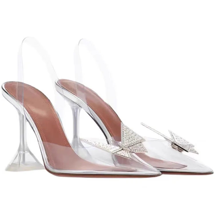 

Crystal high heels women's Diamond Butterfly transparent PVC thin heel hollow sandals women's large shoes
