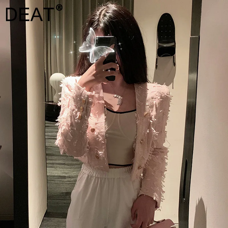 

Женское двубортное пальто DEAT, облегающее однотонное пальто с круглым вырезом, кисточками и перьями, короткое пальто с длинным рукавом, 7Z515, О...