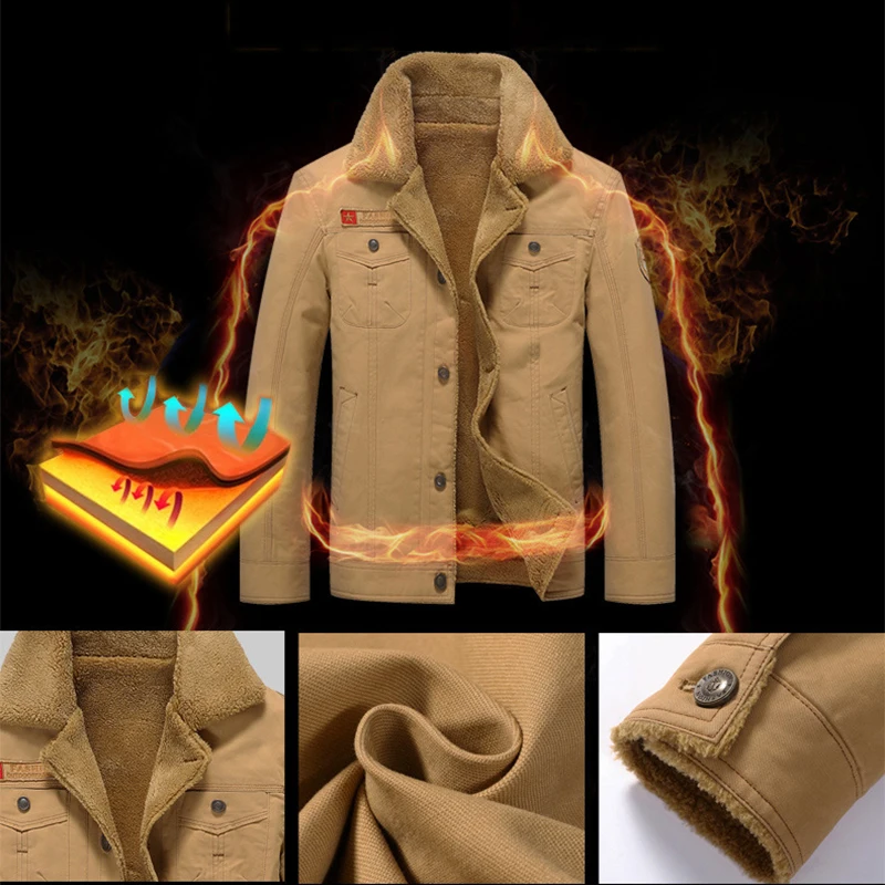 

Winter Men's Fleece Jacket Air Force Bomber Jacket Cotton Fabric Warm Male Fur Collar Army Green Tactical Hiking Camping