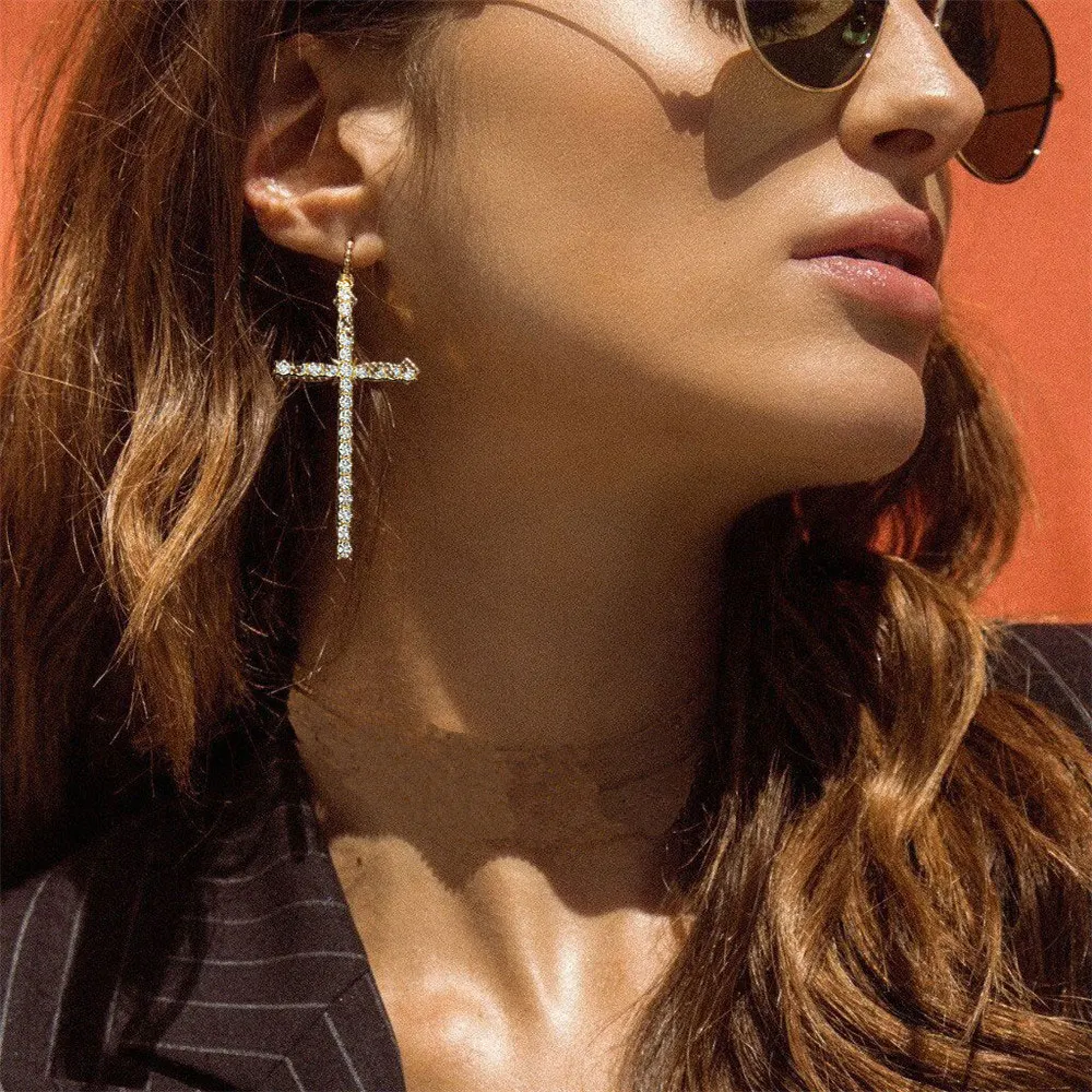Punk Hip Hop Rhinestone Large Cross Earrings for Women Fashion Pearl Crystal Dangle Party Wedding Jewelry Girls Gift | Украшения и