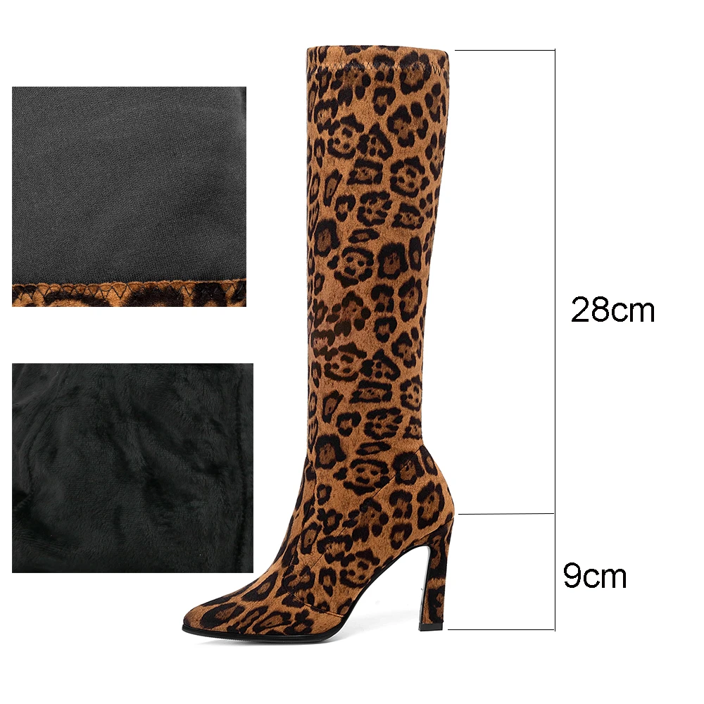 Женские эластичные сапоги до колена Леопардовые зимние для женщин Вечерние на