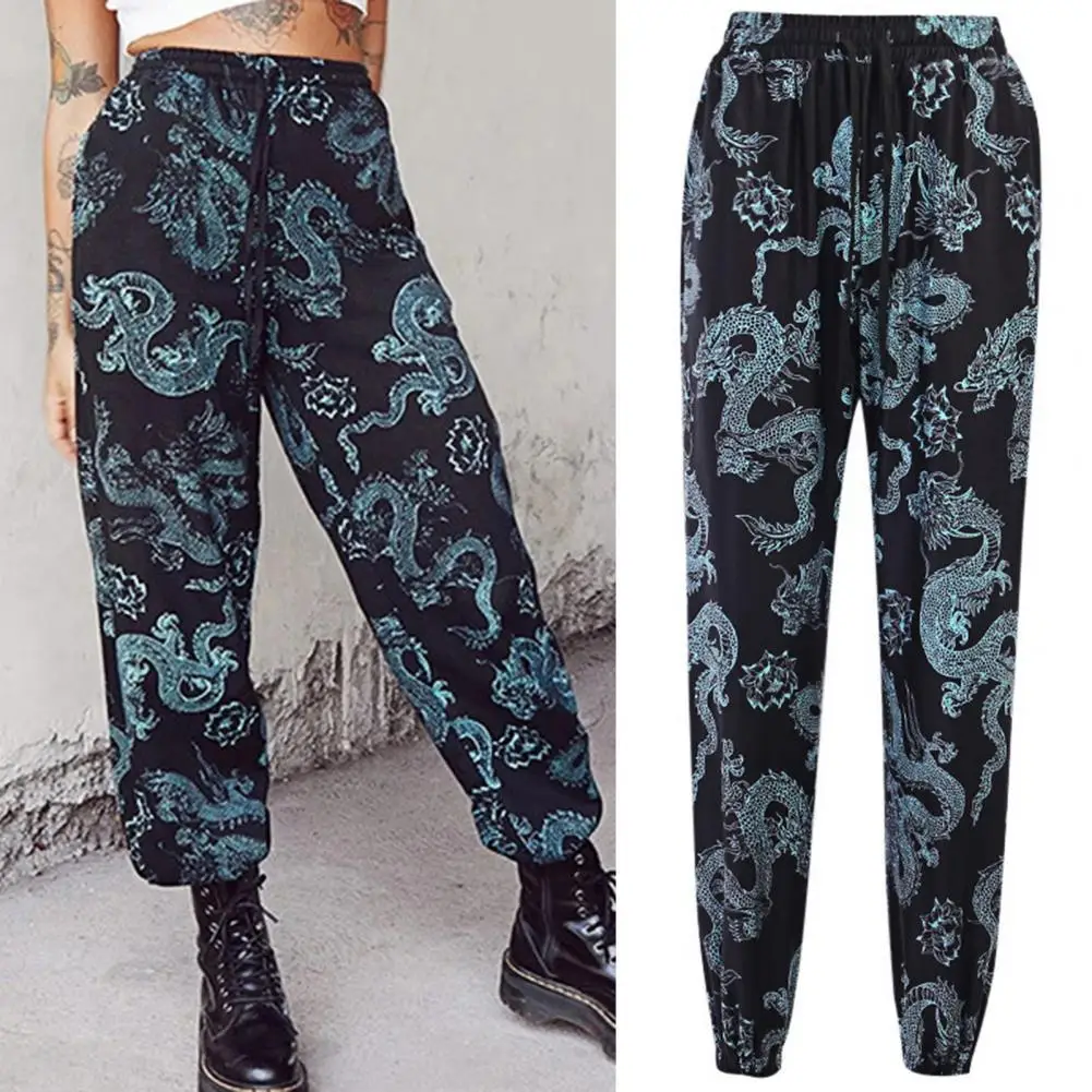 

Women Casual Harem Pants Dragon Print High Waist Drawstring Autumn Wide Leg Loose Long Pants Streetwear for Sports Female Pants