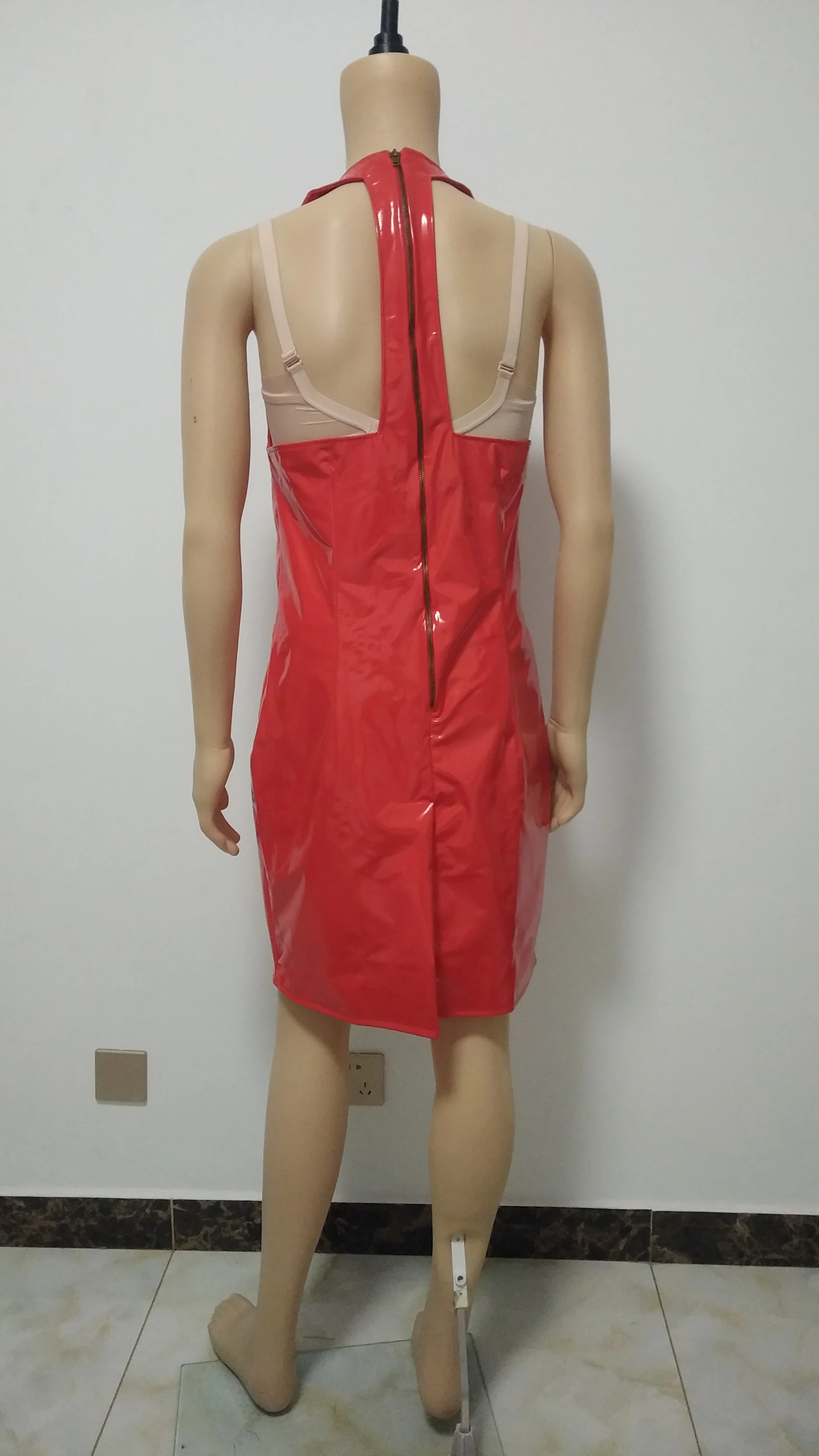 ПВХ искусственная кожа Мокрый женское сексуальное платье с глубоким v-образным