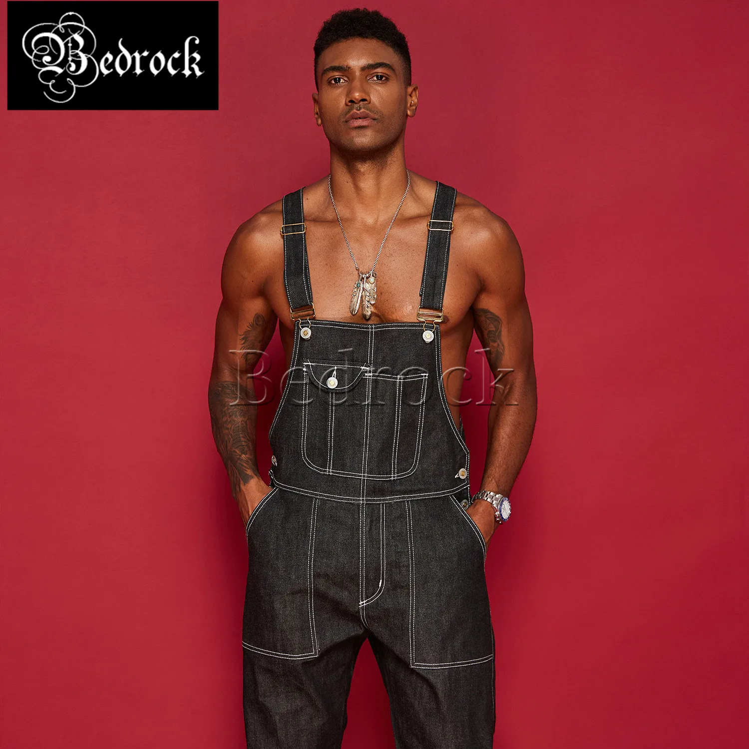 MBBCAR 13.5oz primary color black suspenders worker's siamese overalls bib one washed raw denim suspender jeans 707A
