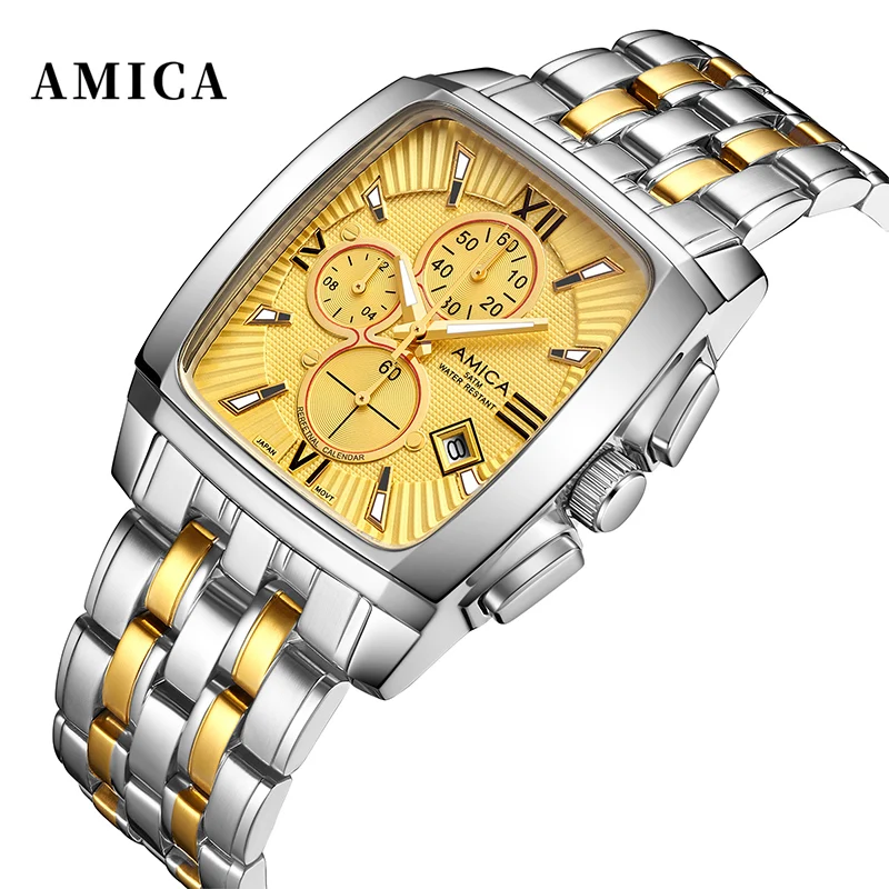 

AMICA Fashion Watch Men Square Watches Top Brand Luxury Golden Quartz Stainless Steel Waterproof Wrist Watch
