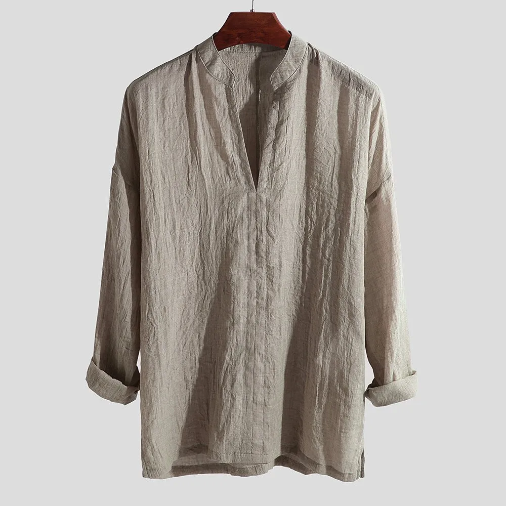 

Fashion Men Cotton Shirt Breathable Long Sleeve Loose Solid Color V-neck Top Blouse Male Casual Tops Camisas Masculinas 2021