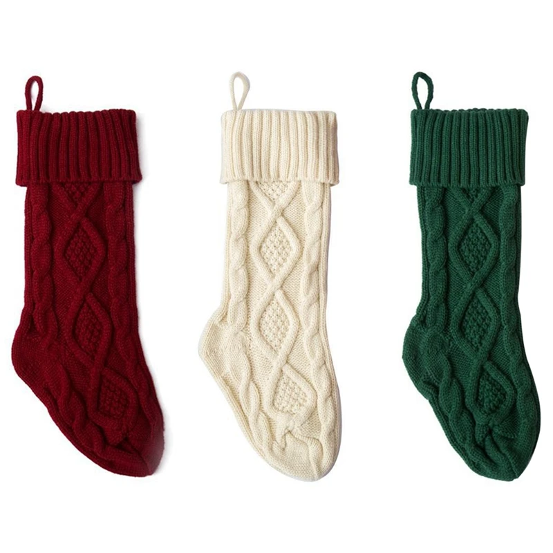 

46CM Christmas Stocking Knitted Wool Home Decoration Candy Bag Socks Set Diamond Gift Bag Ornament