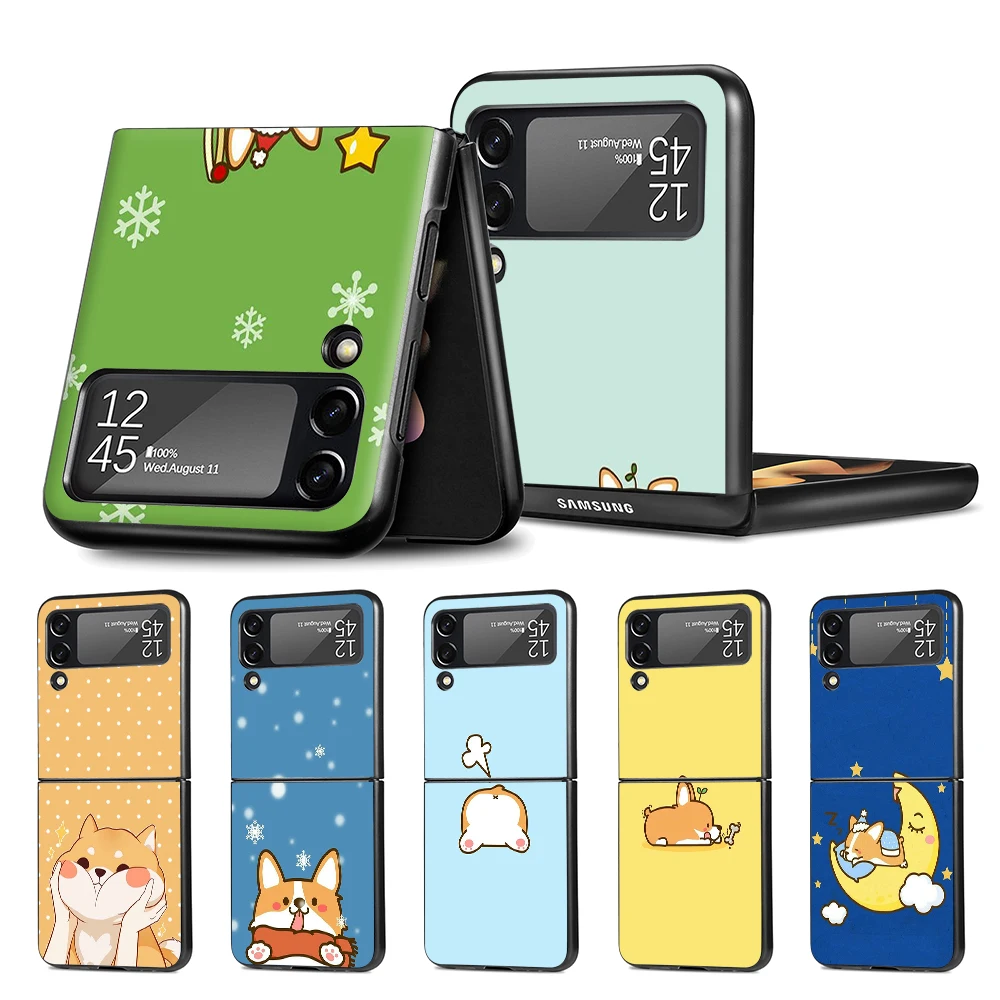 

Cell Phone Case for Samsung Galaxy Z Flip3 5G Black Coque Z Flip 3 Hard PC Luxury Cover Zflip3 Funda Capa Cute Corgi Cartoon Dog