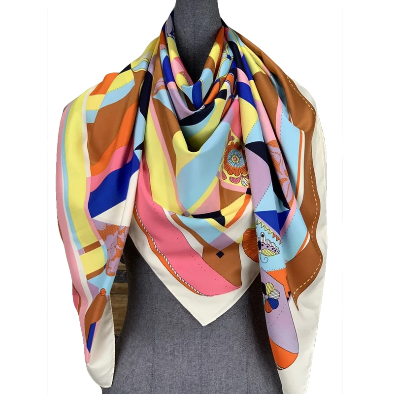Twill Silk Square Scarf Spain Horse Print Neckerchief Original Design Euro Carriage Foulard Hijab Silk Shawls Wrap Female Scarf
