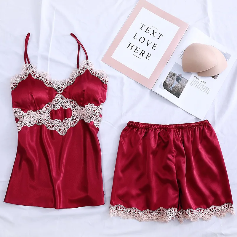 

2 Pieces Women Satin Pajamas Sets Sleepwear Silk Nightwear Pyjama Spaghetti Strap Sleep Lounge Pijama With Chest Pads