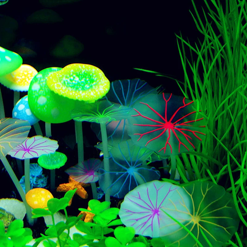 

3 Stems Silicone Glowing Artificial Lotus Leaves Mushroom Plants Underwater Ornament Fish Tank Aquarium Decor Accessories