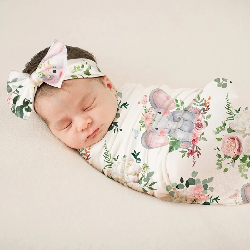 

2 Pcs Newborn Baby Receiving Blanket Headband Set Infant Floral Print Swaddle Wrap Sleeping Bag Hair Band Kits for Infants