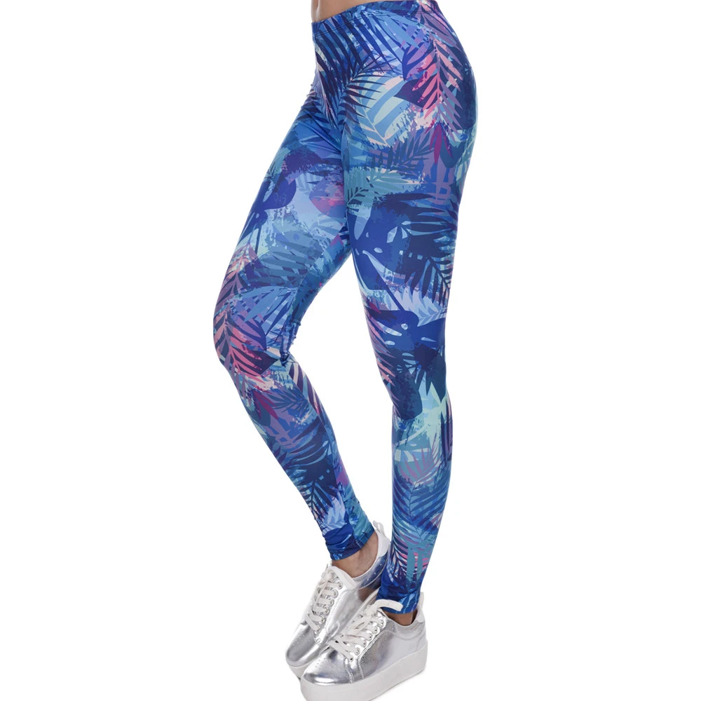 

New Fashion Women Leggings Tropical Leaves Printing Blue Fitness Legging Sexy Silm Legins High Waist Stretch Trouser Pants