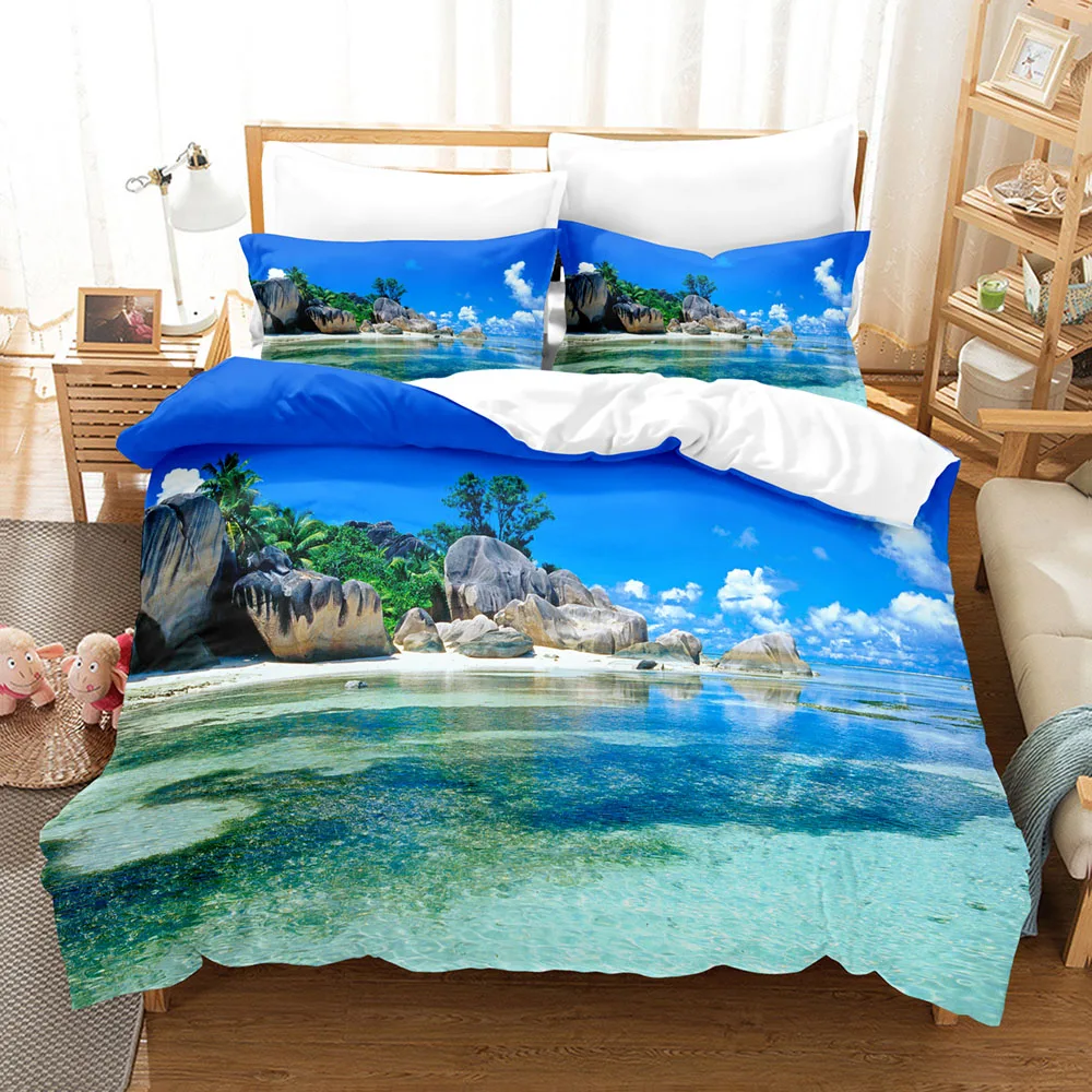 

Nwe Seaside Scenery Bedding Set Single Twin Full Queen King Size Ship Coconut Tree Bed Set Aldult Kid Bedroom Duvetcover Sets 03