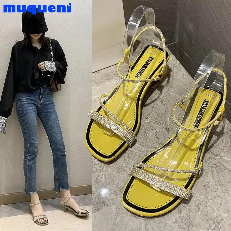 

Сандалии женские с острым носком, Повседневные Легкие босоножки на высоком квадратном каблуке, с пряжкой, однотонные, лето, 2021