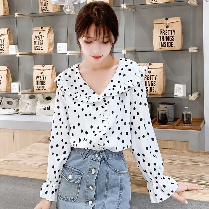 Blusas 2019 Осенняя женская рубашка с оборками в горошек принтом шифоновая Блузки