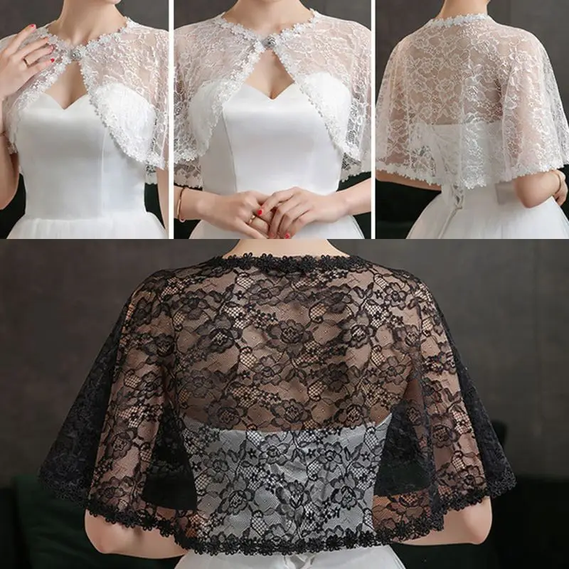 

Women Wedding Floral Lace Wrap Shawl Perspective Embroidery Prom Bolero Shrug Rhinestone Buckle Open Front Bridal Cape