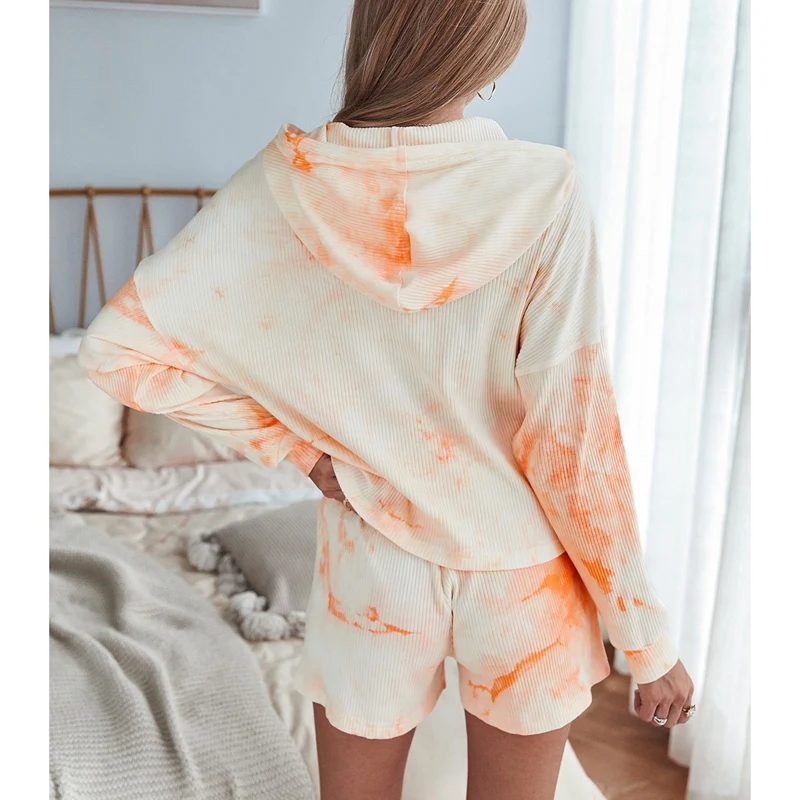 

Hot kf-Tie Dye Knitted Sweat Suit Two Pieces Set Women Casual Set Tracksuit Long Sleeve Hooded Sweatshirt+Shorts