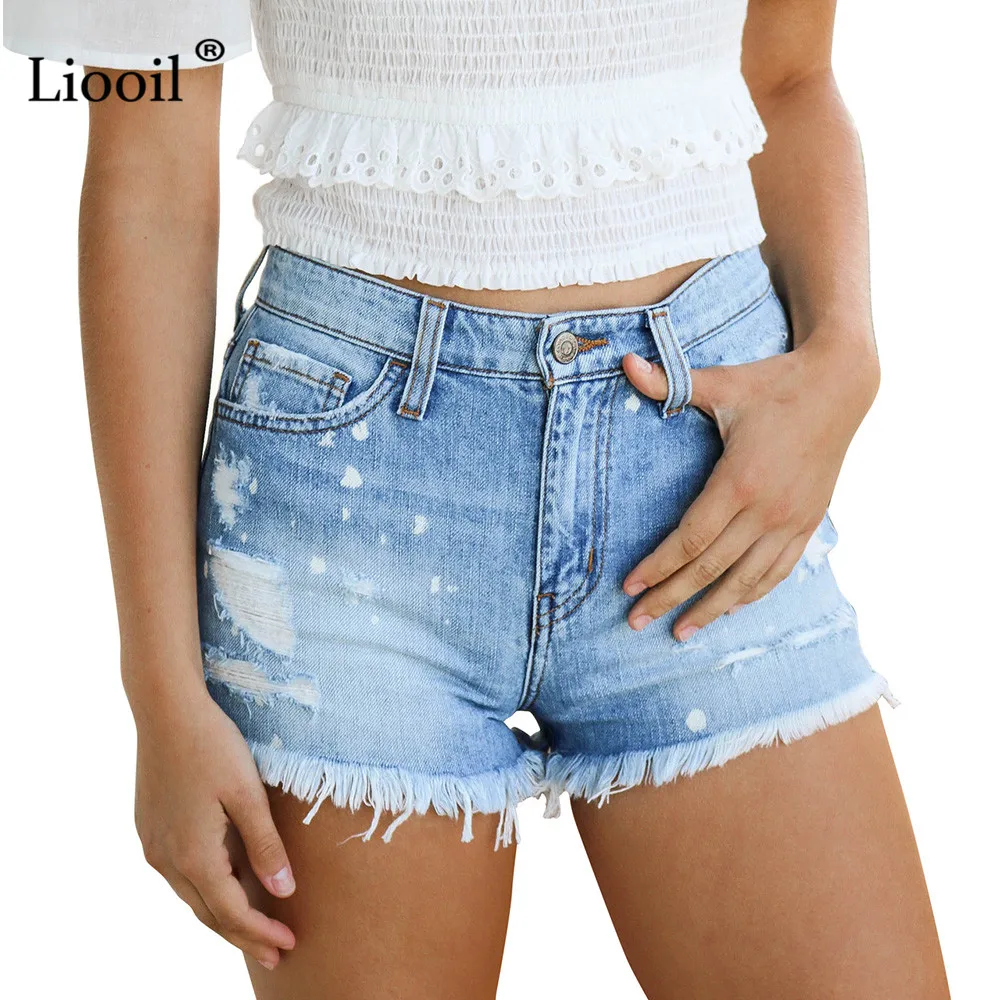 Женские джинсовые шорты Liooil синие повседневные с дырками размера плюс со средней