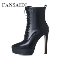 fansaidi winter pointed toe stilettos heels zipper high heels clear heels genuine leather ankle boots ladies boots 43 44 45